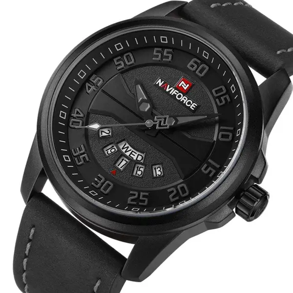Naviforce NF9124 Luxury Leather Strap Quartz Analog Casual Style Fashion Men's Watch – Dial Color: Grey, Strap Color: Black – View 2