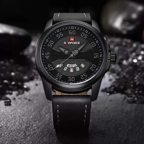 Naviforce NF9124 Luxury Leather Strap Quartz Analog Casual Style Fashion Men's Watch – Dial Color: Grey, Strap Color: Black – View 3