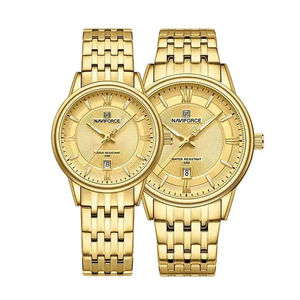 Naviforce NF8040 High Quality Stainless Steel Classic Quartz Fashion Couple's Watch – Dial Color: Gold, Strap Color: Gold  – View 1
