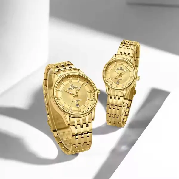 Naviforce NF8040 High Quality Stainless Steel Classic Quartz Fashion Couple's Watch – Dial Color: Gold, Strap Color: Gold  – View 2
