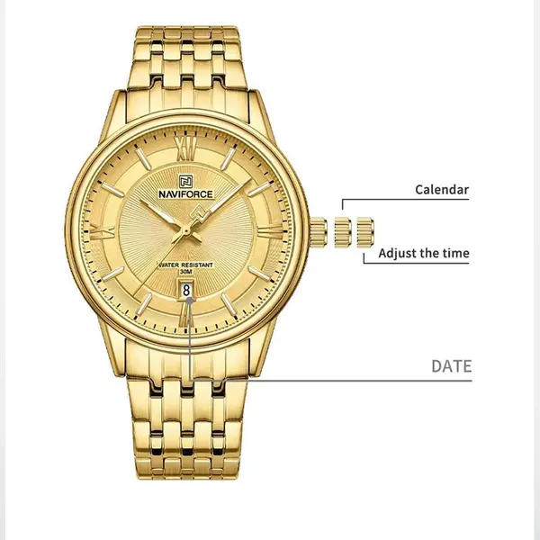 Naviforce NF8040 High Quality Stainless Steel Classic Quartz Fashion Couple's Watch – Dial Color: Gold, Strap Color: Gold  – View 3