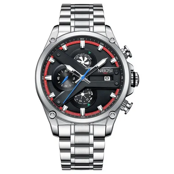 Nibosi 2513 High-Quality Stainless Steel Chronograph Men's Watch – Dial Color: Black, Strap Color: Silver – View 1