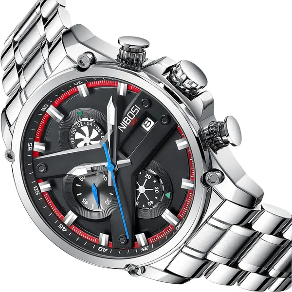 Nibosi 2513 High-Quality Stainless Steel Chronograph Men's Watch – Dial Color: Black, Strap Color: Silver – View 3