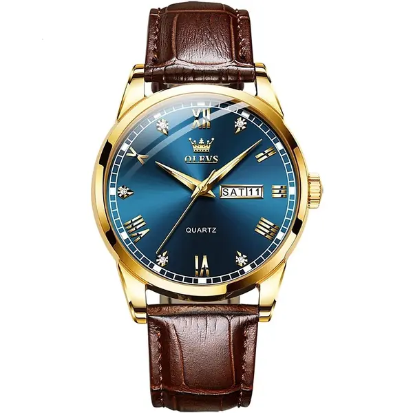 OLEVS 6896 Business Leather Strap Diamond Studded Gold Dial Waterproof Analog Wristwatch  – Dial Color: Blue Gold, Strap Color:  Brown  – View 1