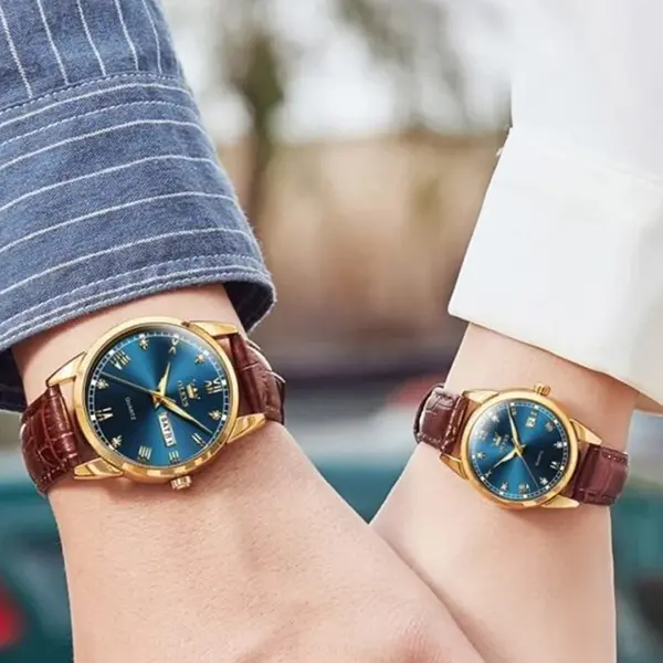 OLEVS 6896 Business Leather Strap Diamond Studded Gold Dial Waterproof Analog Wristwatch  – Dial Color: Blue Gold, Strap Color:  Brown  – View 3