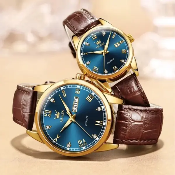 OLEVS 6896 Business Leather Strap Diamond Studded Gold Dial Waterproof Analog Wristwatch  – Dial Color: Blue Gold, Strap Color:  Brown  – View 4