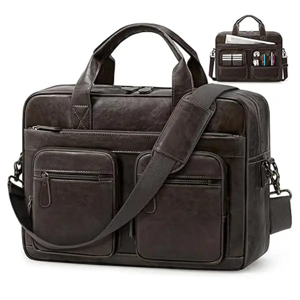 RAINSMORE 15.6 Inch Men PU Vegan Leather Waterproof Office Work Bag – Color: Brown – View 1