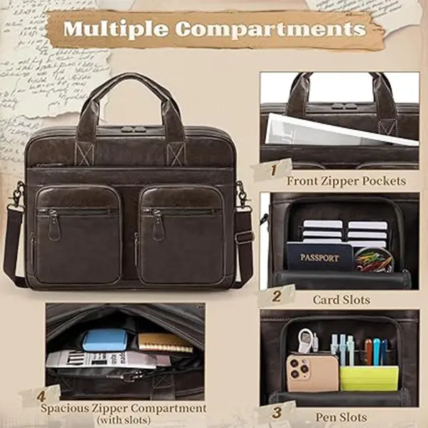 RAINSMORE 15.6 Inch Men PU Vegan Leather Waterproof Office Work Bag – Color: Brown – View 2