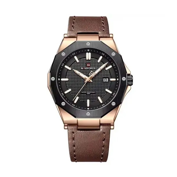 Naviforce NF9200 Luxury Genuine Leather Strap Quartz Movement Casual Fashion Men's Watch – Dial Color: Black, Strap Color: Rose Gold – View 1