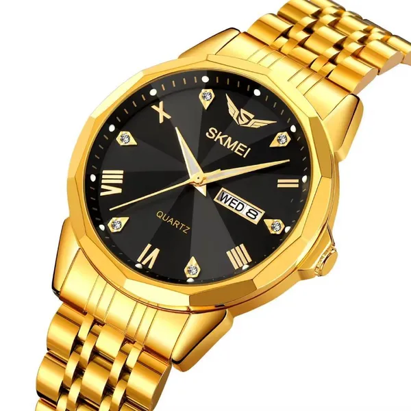 SKMEI 2291 Quartz Waterproof Luminous Stainless Steel Men's Watch – Dial Color: Black, Strap Color: Gold  – View 2