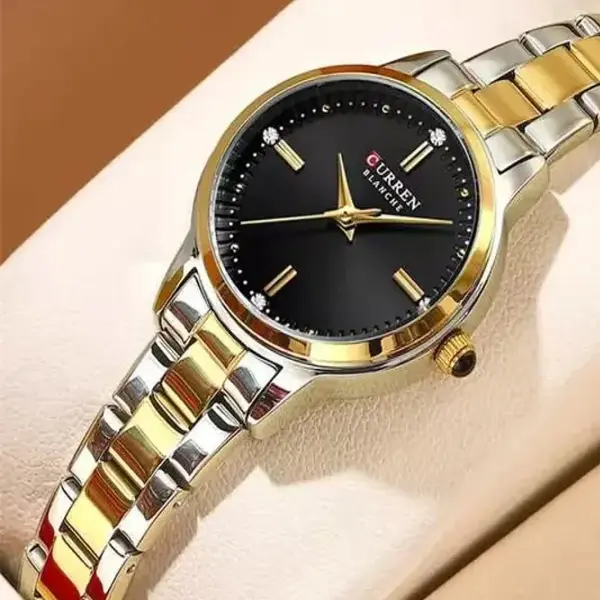 CURREN 9094 Latest Elegant Stainless Steel Classic Women Quartz Watch – Dial Color: Black, Strap Color: Gold  – View 3