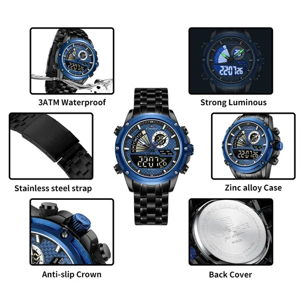 NAVIFORCE NF9205 Mechanical Style Dual Display Sports Men’s Watch – Dial Color: Blue, Strap Color: Black – View 3
