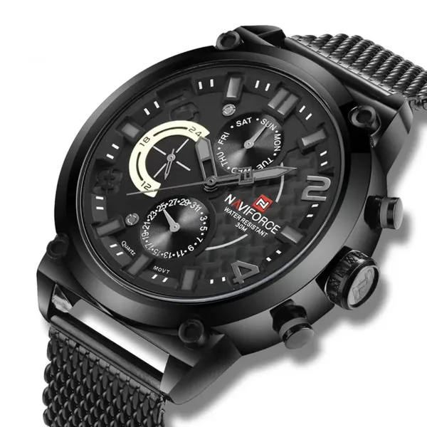 NAVIFORCE NF9068L Fashion Big Dial Multi-Function Waterproof Quartz Luxury Sports Men’s Watch – Dial Color: Black, Strap Color: Black – View 2