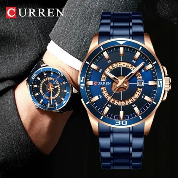 Curren 8359 Luxury Stainless Steel Calendar Men's Watch – Dial Color: Blue, Strap Color: Blue – View 4
