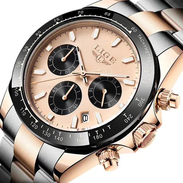 LIGE 8937 Premium Analog Stainless Steel Luxury Men's Watch – Dial Color: Rose, Strap Color: Rose – View 2