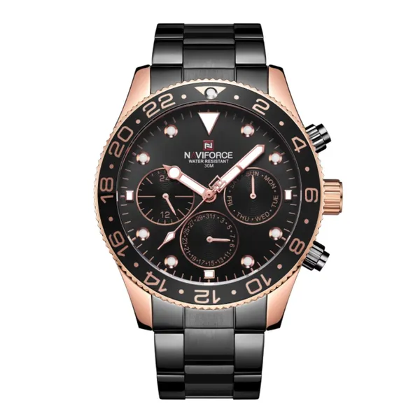 NAVIFORCE 9147 Fashion Full Steel Waterproof Casual Quartz Men's Watch – Dial Color: Black, Strap Color: Black – View 1