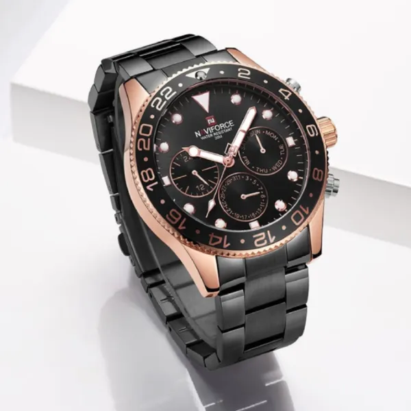 NAVIFORCE 9147 Fashion Full Steel Waterproof Casual Quartz Men's Watch – Dial Color: Black, Strap Color: Black – View 3