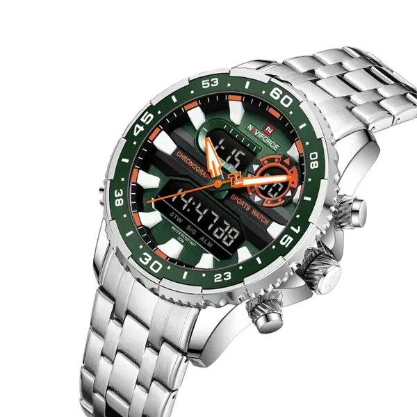 Naviforce 9234 High Quality Stainless Steel Dual Movement Sport Fashion Men Watch – Dial Color: Green, Strap Color: Silver – View 2