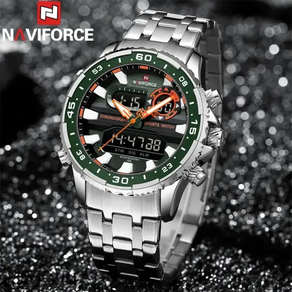 Naviforce 9234 High Quality Stainless Steel Dual Movement Sport Fashion Men Watch – Dial Color: Green, Strap Color: Silver – View 3