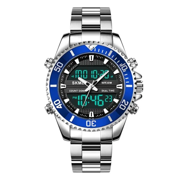Skmei 1850 Dual Movement Waterproof Multifunction Men's Watch – Dial Color: Blue, Strap Color: Silver – View 1