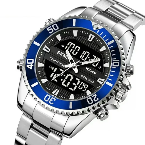 Skmei 1850 Dual Movement Waterproof Multifunction Men's Watch – Dial Color: Blue, Strap Color: Silver – View 2