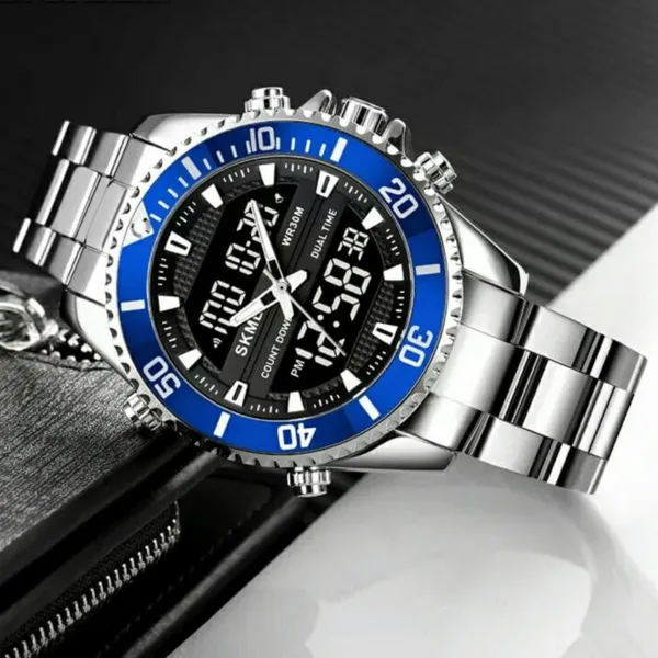 Skmei 1850 Dual Movement Waterproof Multifunction Men's Watch – Dial Color: Blue, Strap Color: Silver – View 3