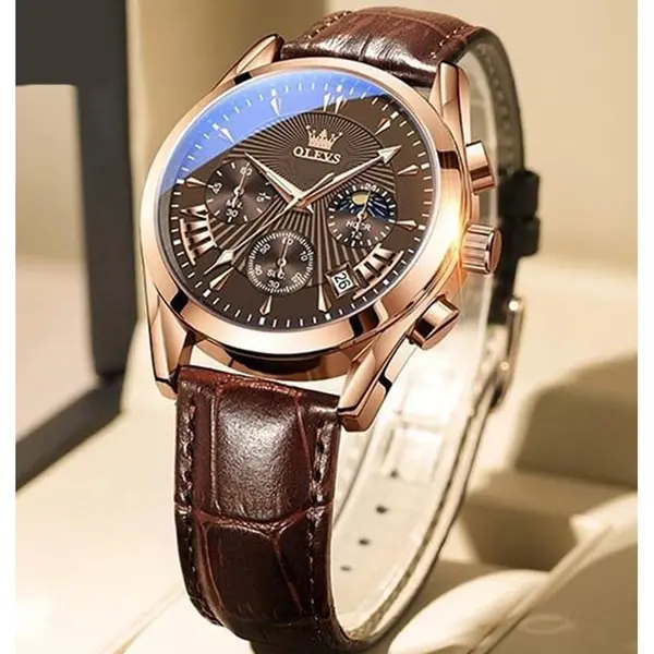 OLEVS 2876 Luxury Leather Strap Chronograph Analog Quartz Wristwatch for Men – Dial Color: Brown, Strap Color:  Brown  – View 4