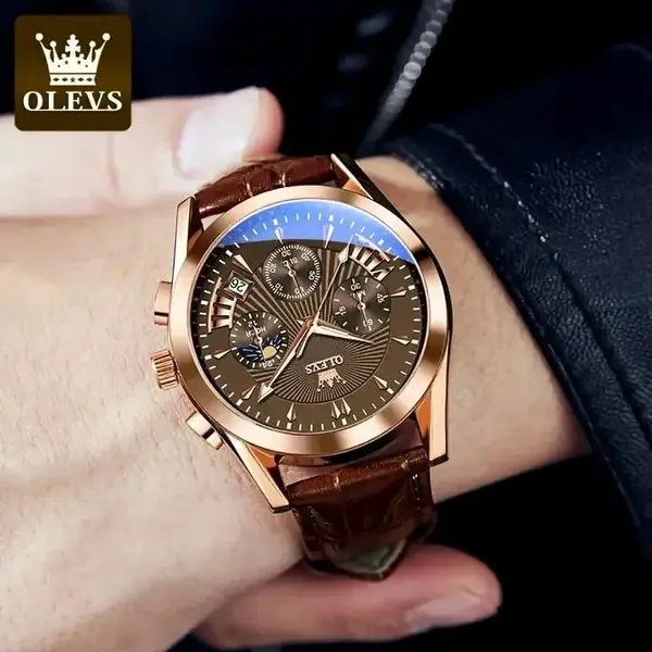 OLEVS 2876 Luxury Leather Strap Chronograph Analog Quartz Wristwatch for Men – Dial Color: Brown, Strap Color:  Brown  – View 2