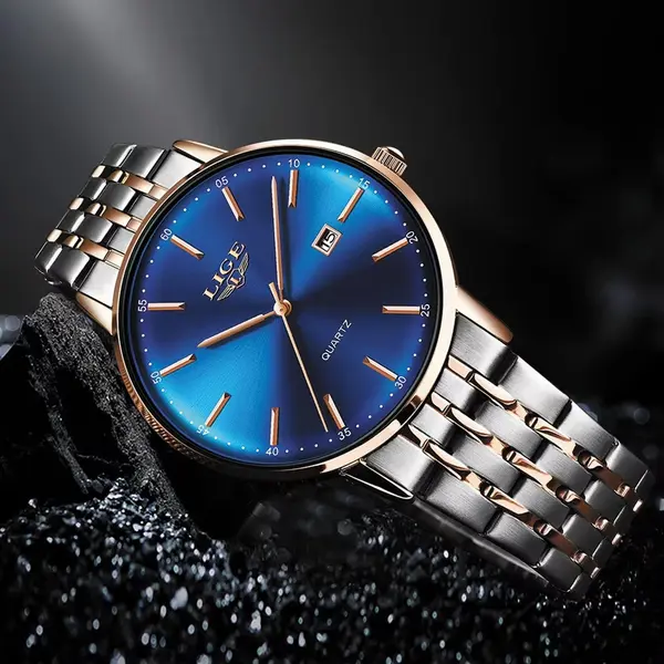 LIGE 10037 Stainless Steel Complete Calendar Luxury Women's Watch – Dial Color: Blue, Strap Color: Gold  – View 3
