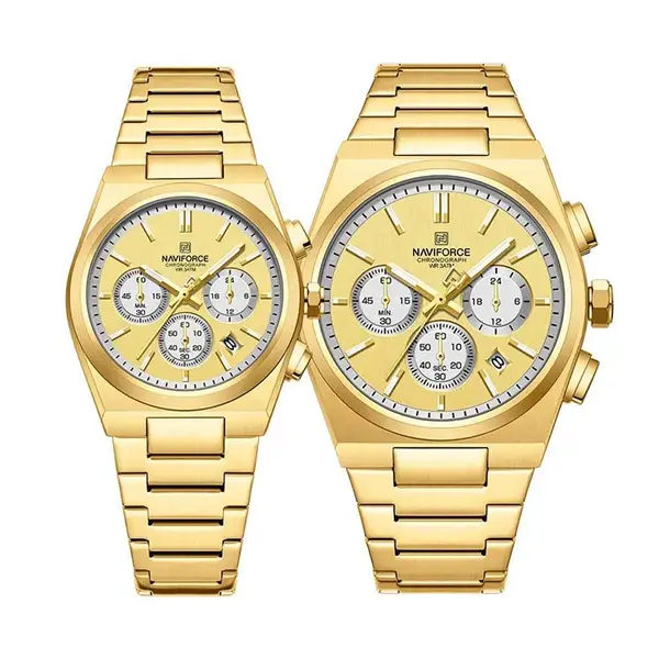 Naviforce NF8048 High Quality Stainless Steel Chronograph Classic Stylish Couple's Watch – Dial Color: Gold, Strap Color: Gold  – View 1