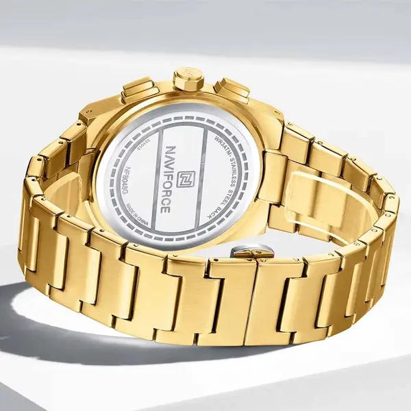 Naviforce NF8048 High Quality Stainless Steel Chronograph Classic Stylish Couple's Watch – Dial Color: Gold, Strap Color: Gold  – View 2