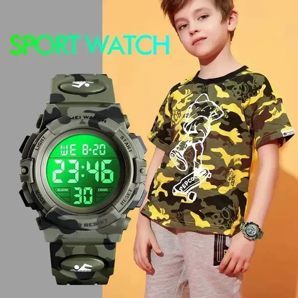 SKMEI 1548 Digital Camouflage PU Leather Luminous Sporty Kid's Watch – Dial Color: Black, Strap Color: Green  – View 4
