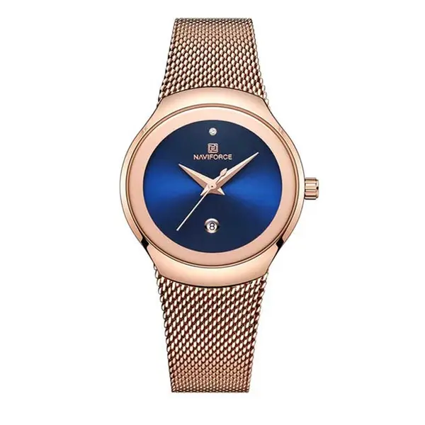 Naviforce NF5004 Milanese Mesh Strap Waterproof Versatile Ultra Thin Women's watch – Dial Color: Blue, Strap Color:  Brown  – View 1