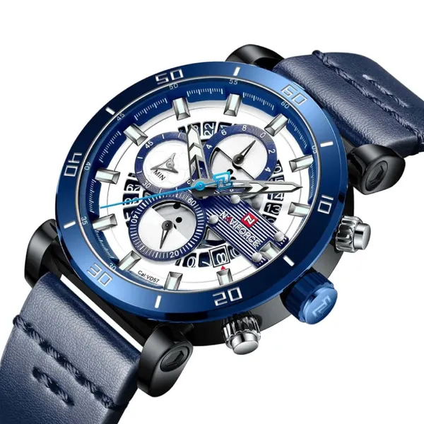 Naviforce NF9131 Analog Sports Leather Quartz Men's Watch – Dial Color: White, Strap Color: Blue – View 2