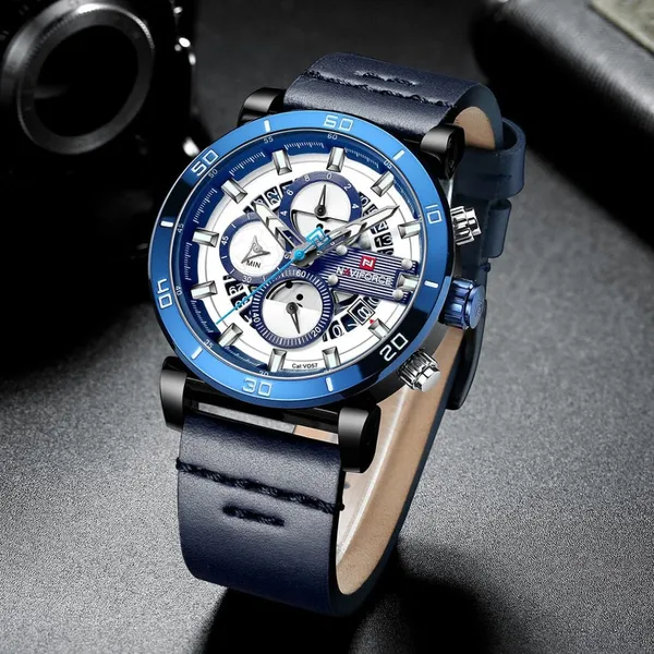 Naviforce NF9131 Analog Sports Leather Quartz Men's Watch – Dial Color: White, Strap Color: Blue – View 3