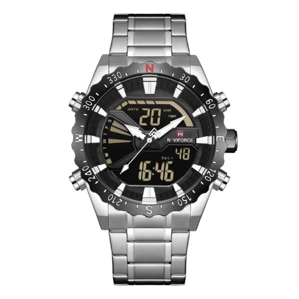 NAVIFORCE NF9136 Stainless Steel Dual Time Men's Watch – Dial Color: Black, Strap Color: Silver – View 1