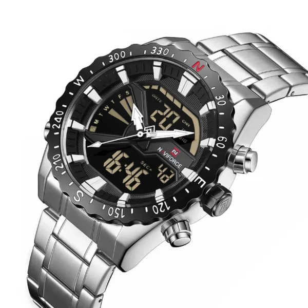 NAVIFORCE NF9136 Stainless Steel Dual Time Men's Watch – Dial Color: Black, Strap Color: Silver – View 2