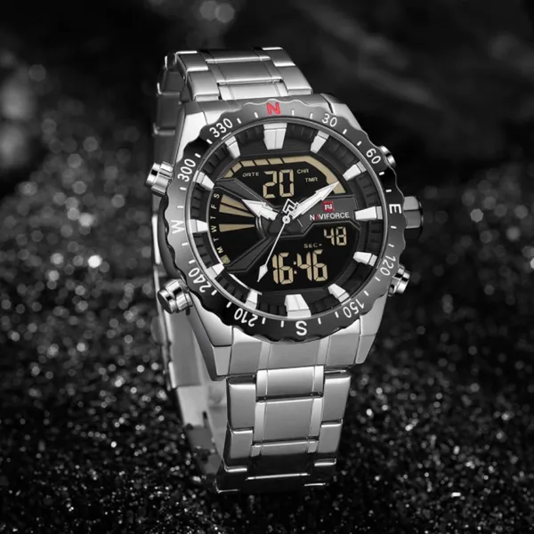 NAVIFORCE NF9136 Stainless Steel Dual Time Men's Watch – Dial Color: Black, Strap Color: Silver – View 3