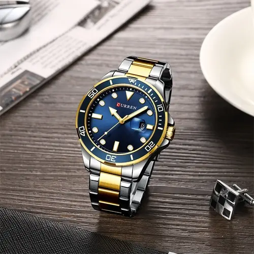 Curren 8388 High Quality Stainless Steel Belt Calendar Men's Watch – Dial Color: Blue, Strap Color: White Gold – View 3