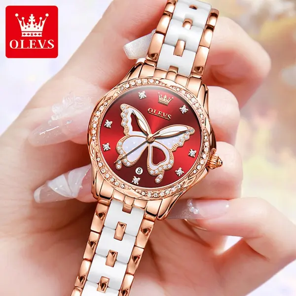 OLEVS 5610 Beauty Dial Luminous Steel Ceramic Bracelet Women Watch – Dial Color: Red, Strap Color: White – View 2