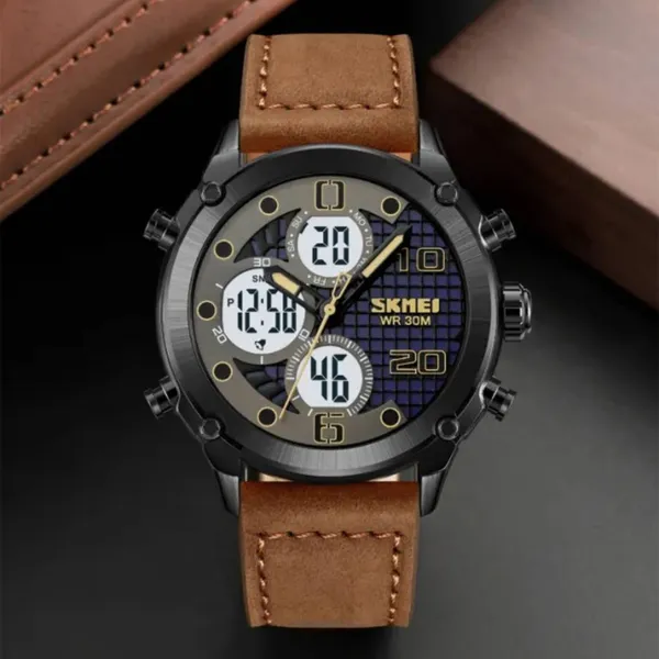 SKMEI 1975 Digital Analog Business Leather Strap Men's Watch – Dial Color: Black, Strap Color: Rose – View 3