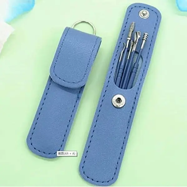6pcs Ear Cleaning & Pick Set Portable Stainless Steel Set With Lather Case – Color: Blue – View 2