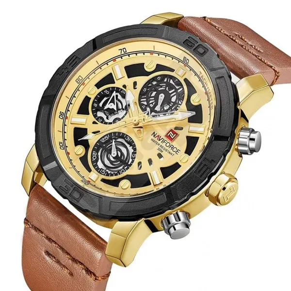 NAVIFORCE NF9139 PU Leather Chronograph Men's Watch – Dial Color: Gold, Strap Color:  Brown  – View 2