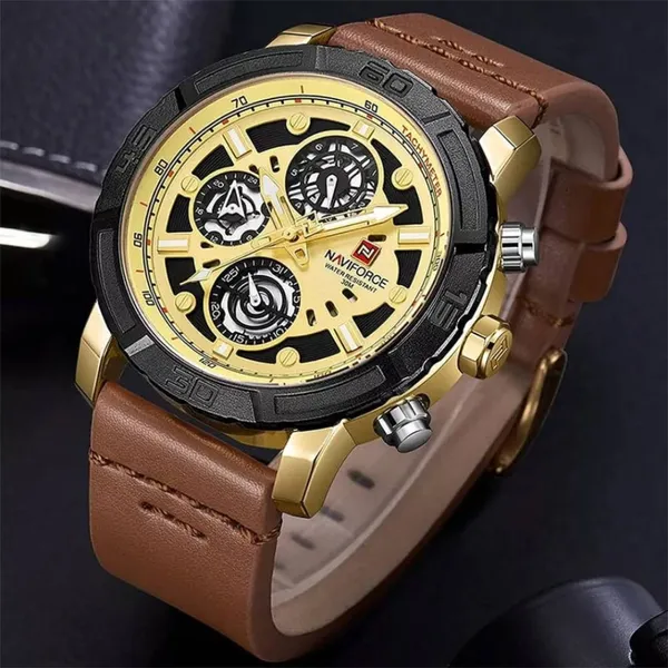 NAVIFORCE NF9139 PU Leather Chronograph Men's Watch – Dial Color: Gold, Strap Color:  Brown  – View 3
