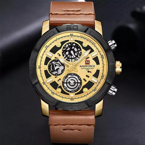 NAVIFORCE NF9139 PU Leather Chronograph Men's Watch – Dial Color: Gold, Strap Color:  Brown  – View 4