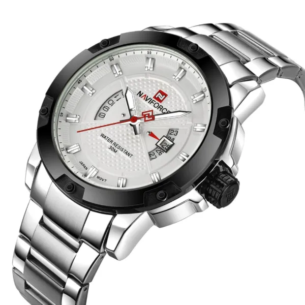 Naviforce 9085 Water Resistant Stainless Steel Quartz Men's Watch – Dial Color: White, Strap Color: Silver – View 2