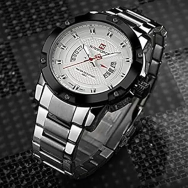 Naviforce 9085 Water Resistant Stainless Steel Quartz Men's Watch – Dial Color: White, Strap Color: Silver – View 3
