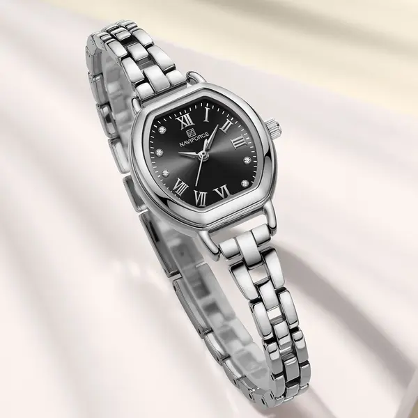 NAVIFORCE NF5035 Ladies High Quality Stainless Steel Waterproof Bracelet Elegant Barrel Shape Dress Watch – Dial Color: Black, Strap Color: Silver – View 2