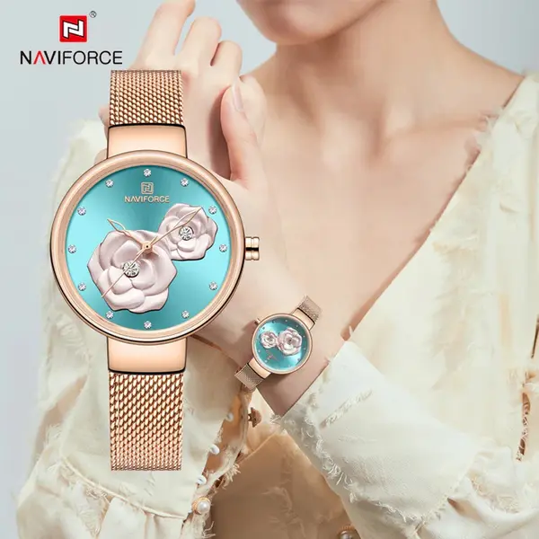 NAVIFORCE NF5013 Mesh Stainless Steel Analog Watch For Women – Dial Color: Green, Strap Color:  Brown  – View 3