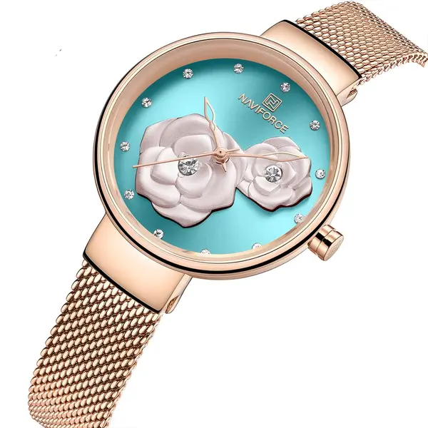 NAVIFORCE NF5013 Mesh Stainless Steel Analog Watch For Women – Dial Color: Green, Strap Color:  Brown  – View 2